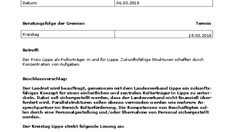 Der Kreis Lippe als Kulturträger in und für Lippe. Zukunftsfähige Strukturen schaffen durch Konzentration von Aufgaben.