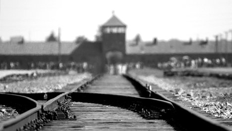 Das Foto zur Pressemitteilung der Linken NRW zum Holocaust-Gedenktag zeigt die Gleisanlage vor dem KZ Auschwitz-Birkenau, im Hintergrund sieht man den Eingang zum Todeslager.